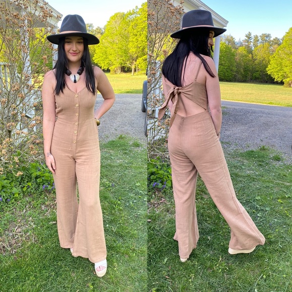 POGUE Jumpsuit tie-back flare linen natural coffee - Picture 4 of 11